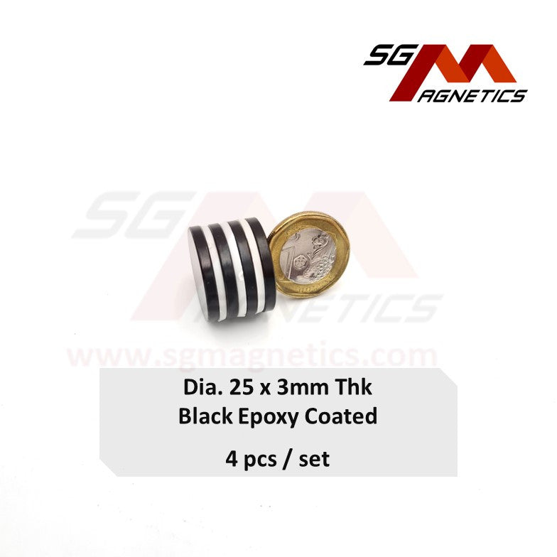 25x3mm N35 - Black Epoxy Neodymium Disc Magnets - 4pcs