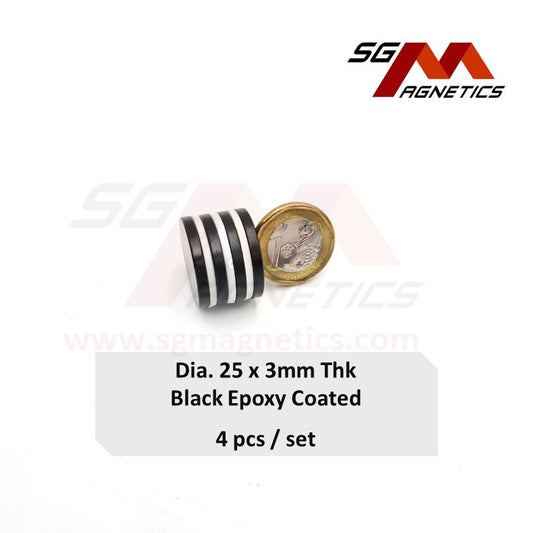 25x3mm N35 - Black Epoxy Neodymium Disc Magnets - 4pcs