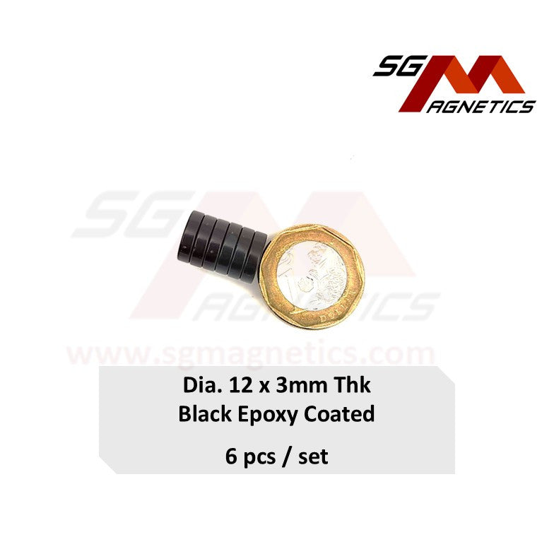 12x3mm N35 - Black Epoxy Neodymium Disc Magnets - 6pcs