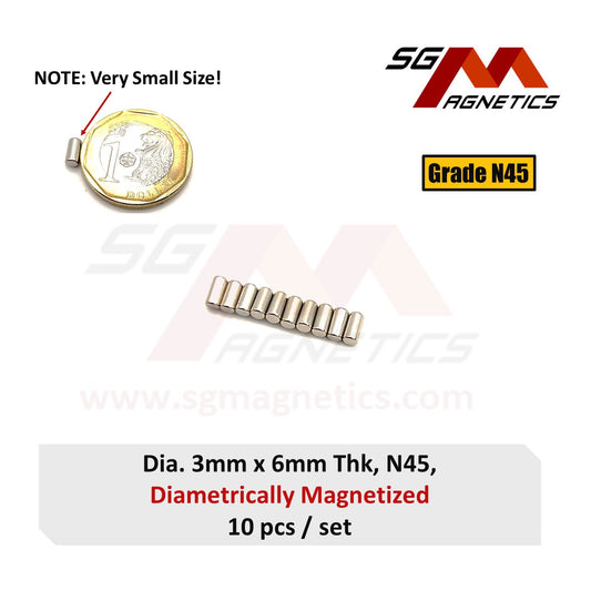 3x6mm N45 Diametrically Magnetized - Neodymium Disc - 10pcs Diametrical