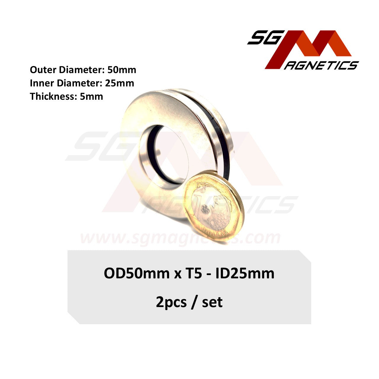 50x5-25mm N35 - Neodymium Ring Magnets - 2pcs