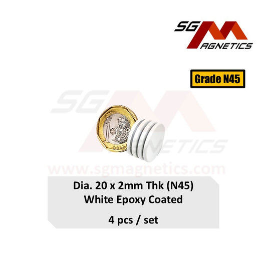 20x2mm N45 - White Epoxy Neodymium Disc Magnets - 4pcs