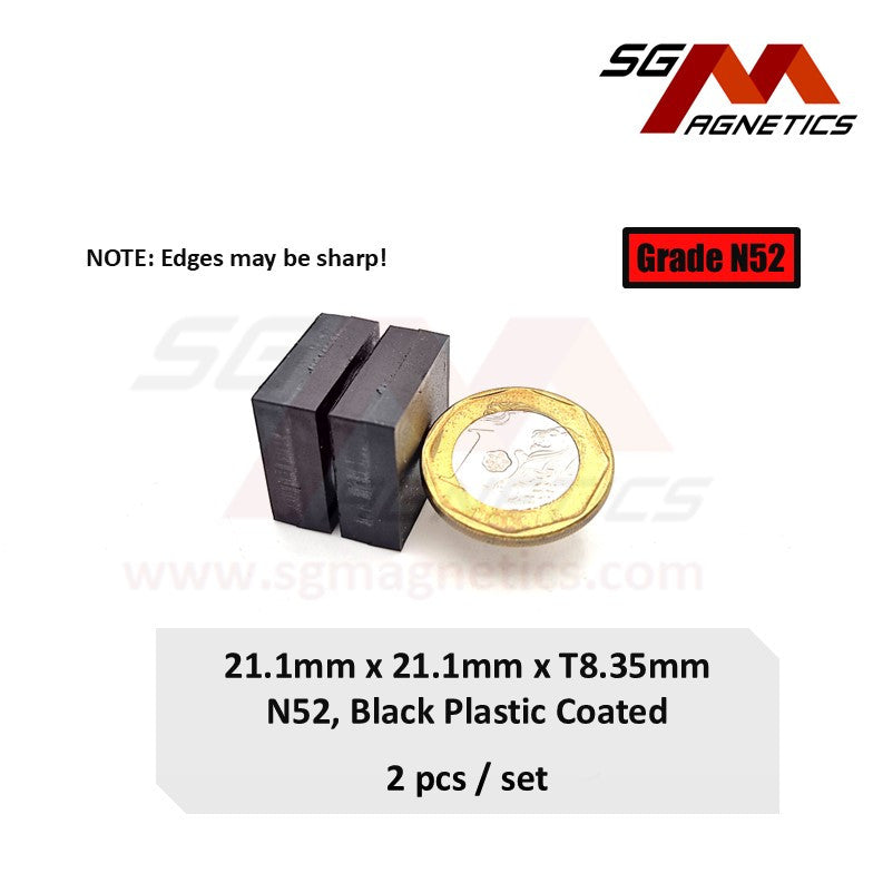 21.1x21.1x8.35mm N52 - Black Plastic Coated Waterproof Block Magnets - 2pcs
