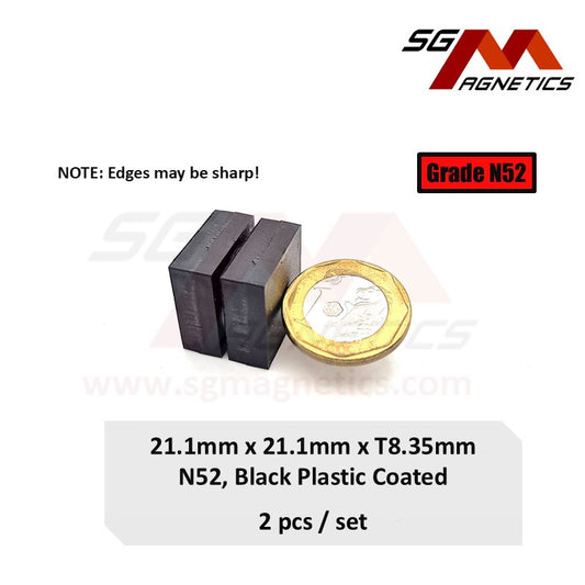 21.1x21.1x8.35mm N52 - Black Plastic Coated Waterproof Block Magnets - 2pcs