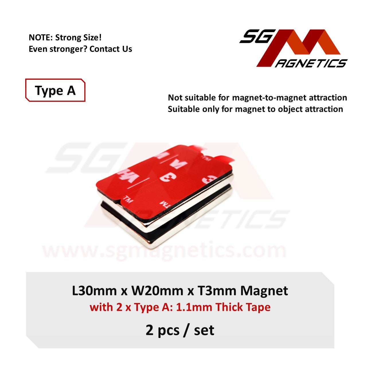 30x20x3mm N35 Type A Tape - Magnets with 3M VHB Double Sided Adhesive Tape -2pcs