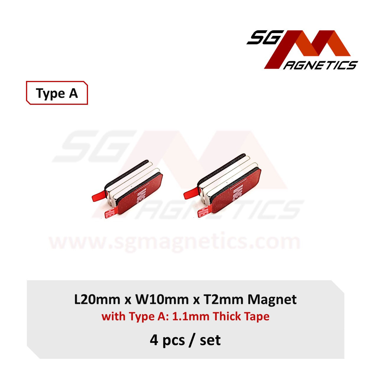 20x10x2mm N35 Type A Tape - Magnets with 3M Double Sided Adhesive Tape - 4pcs