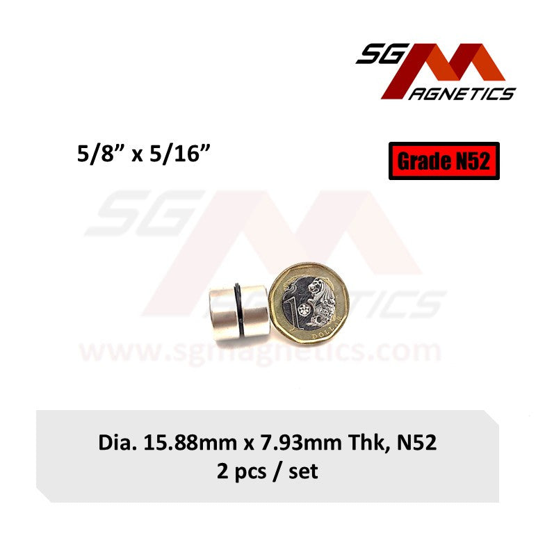 5/8" x 5/16", 15.88x7.93mm N52 - Neodymium Disc Magnets - 2pcs