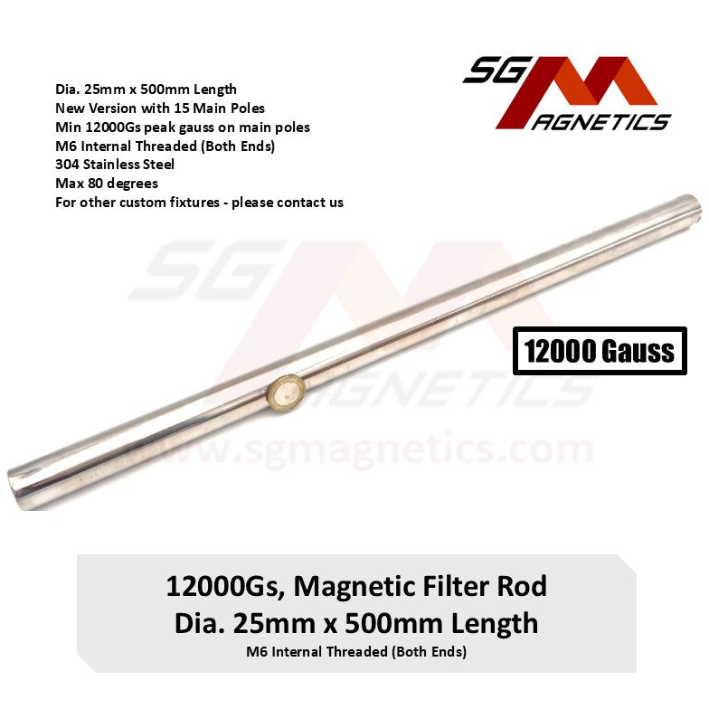 500mm Magnetic Filter Rod 12000GS Gauss - OD25mm 1" x 20" Stainless Steel Magnet