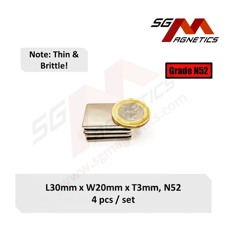 30x20x3mm N52 - Neodymium Block Magnets - 4pcs