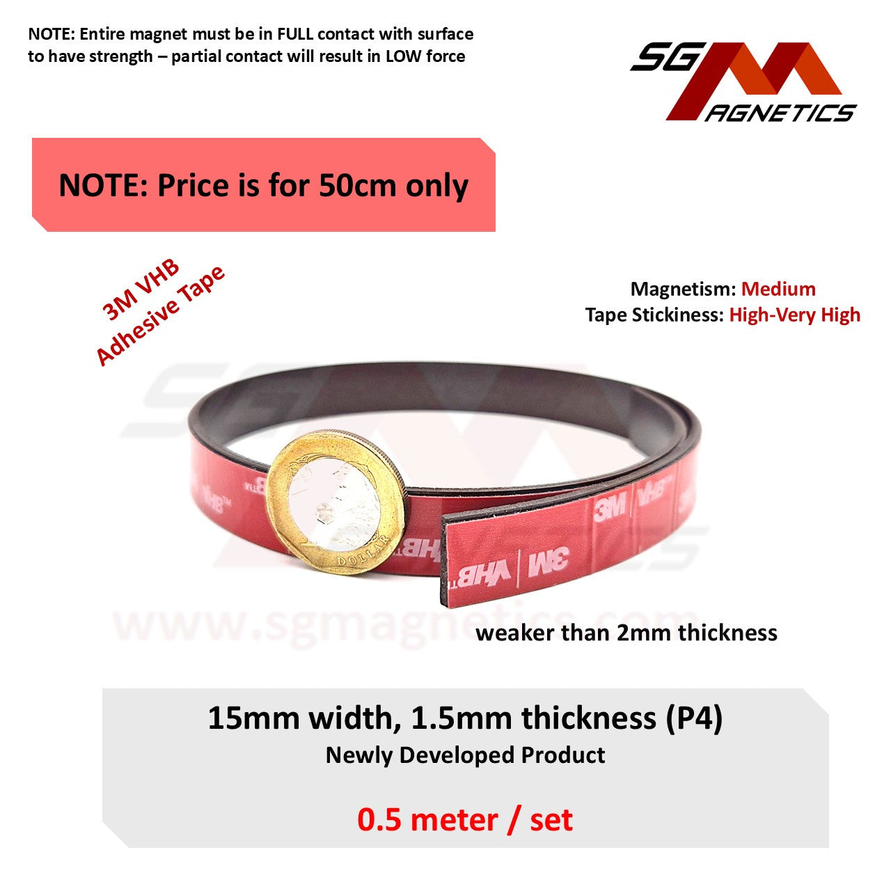 15mm T1.5mm Neo Flexible Magnetic Strip Roll, Ver. P4 with 3M adhesive tape