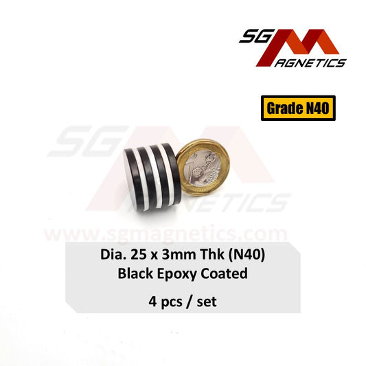 25x3mm N40 - Black Epoxy Neodymium Disc Magnets - 4pcs