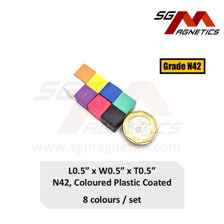 1/2" Cube N42 - 12.7mm Coloured Plastic Coated Waterproof Magnets - 8pc set