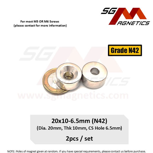 20x10-6.5mm N42 - Countersunk Hole Neodymium Disc Magnets - 2pcs