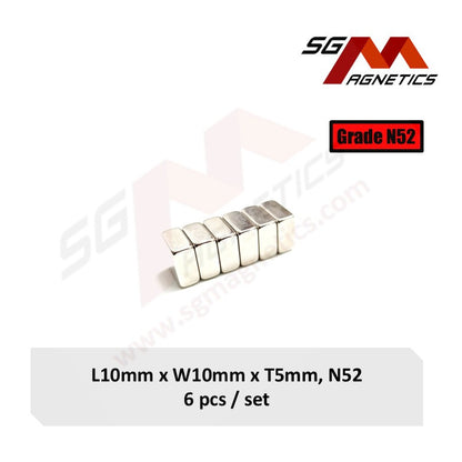 10x10x5mm N52 - Neodymium Block Magnets - 6pcs