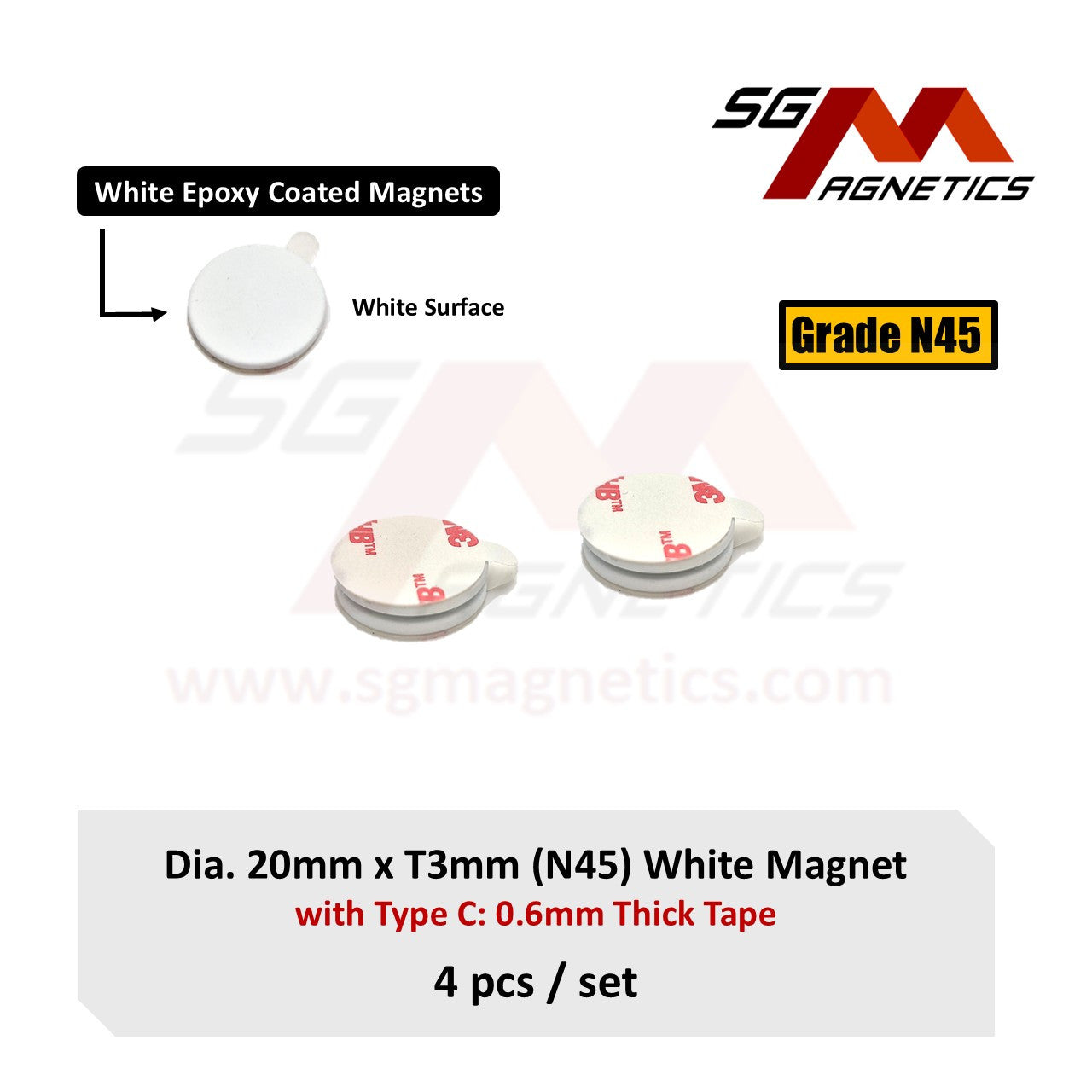20x2mm White N45 Type A Tape - Magnets with 3M VHB Double Sided Adhesive Tape