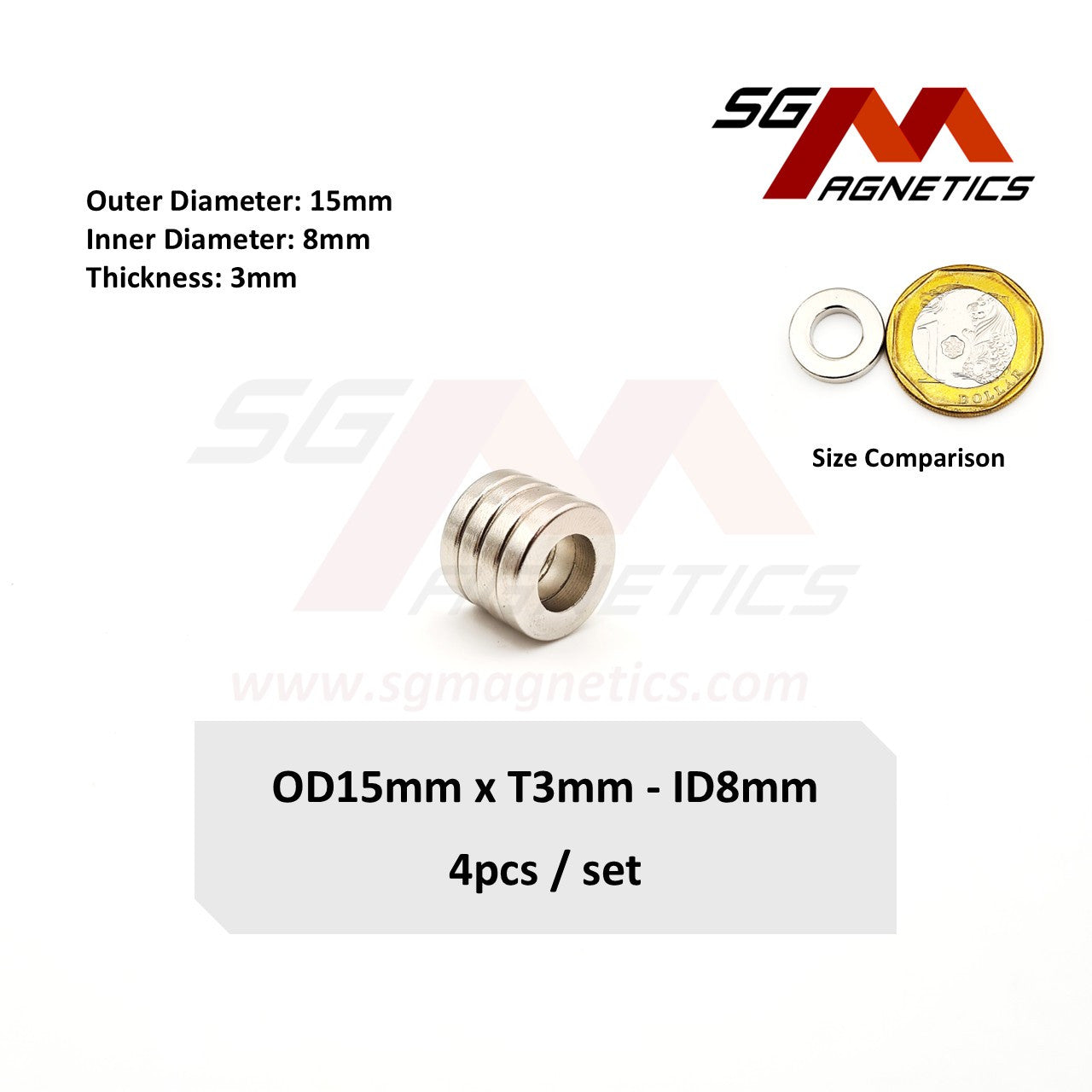 15x3-8mm N35 - Neodymium Ring Magnets - 4pcs