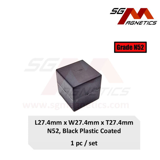 27.4mm Cube N52 - Black Plastic Coated Waterproof Magnet int 1" Cube Neo - 1pc