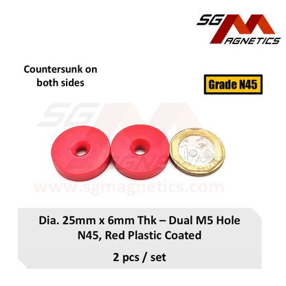 25x6-5mm N45 - Countersunk Hole Red Plastic Coated Waterproof Magnets - 2pcs