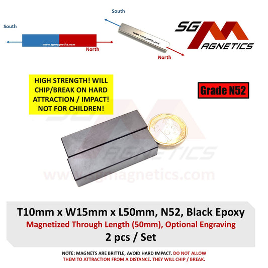 10x15x50mm N52 Magnetized Through Length - Black Neodymium Block Magnets - 2pcs