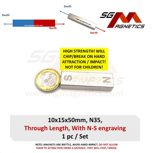 10x15x50mm N35 Magnetized Through Length - Neodymium Block Magnet Bar - 1pcs