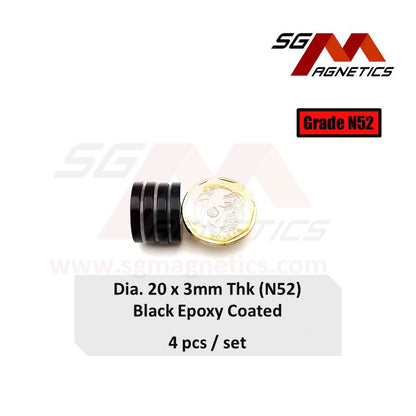 20x3mm N52 - Black Epoxy Neodymium Disc Magnets - 4pcs