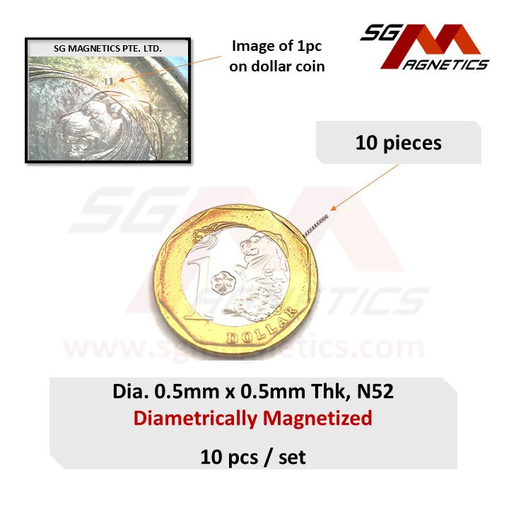 0.5x0.5mm N52 Diametrically Magnetized - Neodymium Disc - 10pcs Diametrical