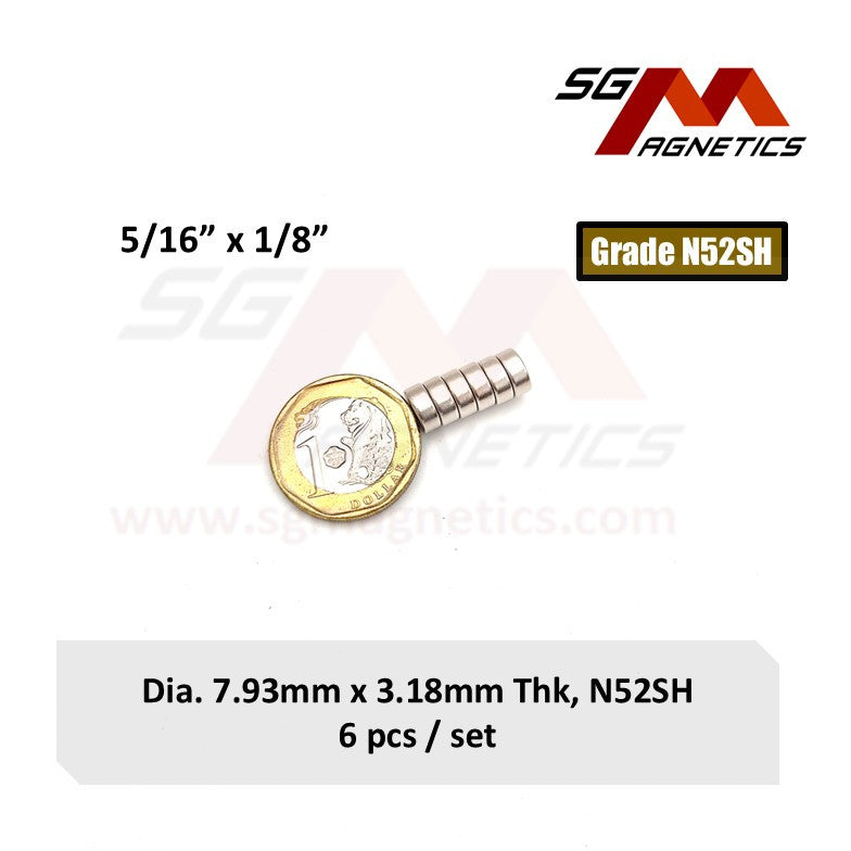 5/16" x 1/8", 7.93x3.18mm N52SH - Neodymium Disc Magnets - 6pcs