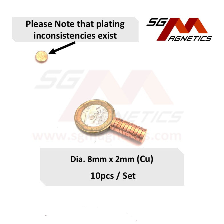 8x2mm N35 - Cu-Coated - Neodymium Disc Magnets - 10pcs