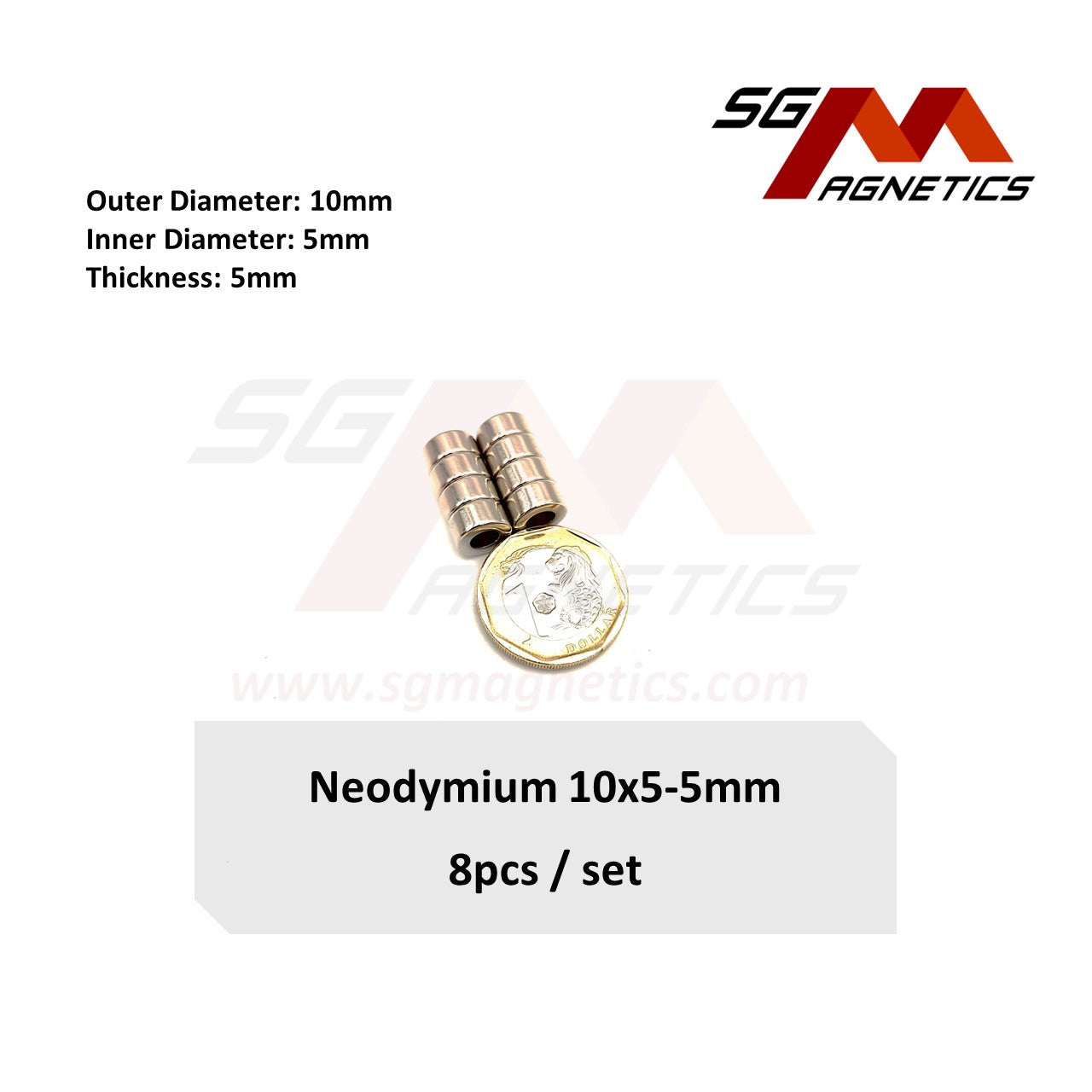10x5-5mm N35 - Neodymium Ring Magnets - 8pcs