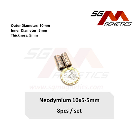 10x5-5mm N35 - Neodymium Ring Magnets - 8pcs