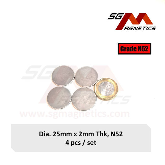 25x2mm N52 - Neodymium Disc Magnets - 4pcs