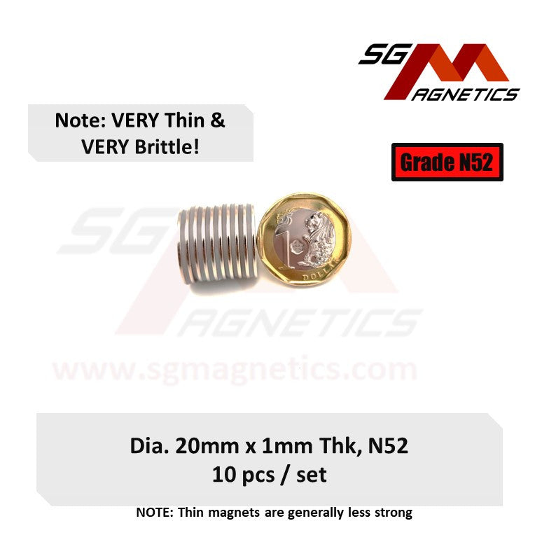 20x1mm N52 - Neodymium Disc Magnets - 10pcs