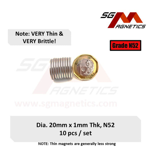 20x1mm N52 - Neodymium Disc Magnets - 10pcs