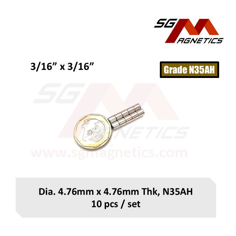 3/16"x3/16", 4.76x4.76mm N35AH - Neodymium Disc Magnets - 6pcs
