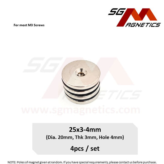 25x3-4mm N35 - Countersunk Hole Neodymium Disc Magnets - 4pcs