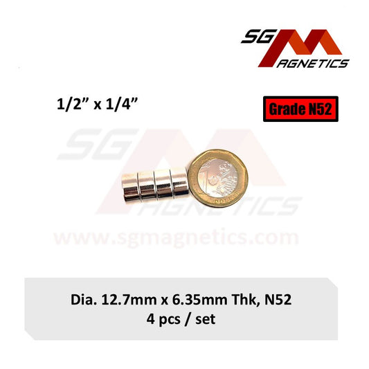 1/2" x 1/4", 12.7x6.35mm N52 - Neodymium Disc Magnets - 4pcs