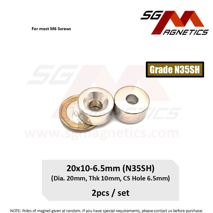 20x10-6.5mm N35SH - Countersunk Hole Neodymium Disc Magnets - 2pcs