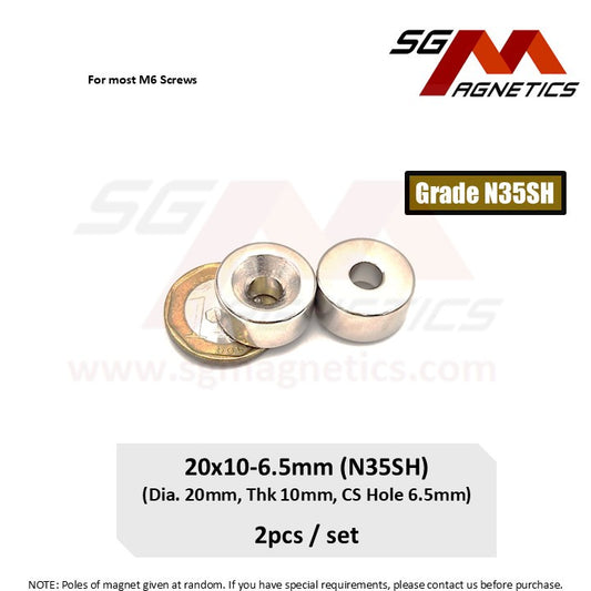 20x10-6.5mm N35SH - Countersunk Hole Neodymium Disc Magnets - 2pcs