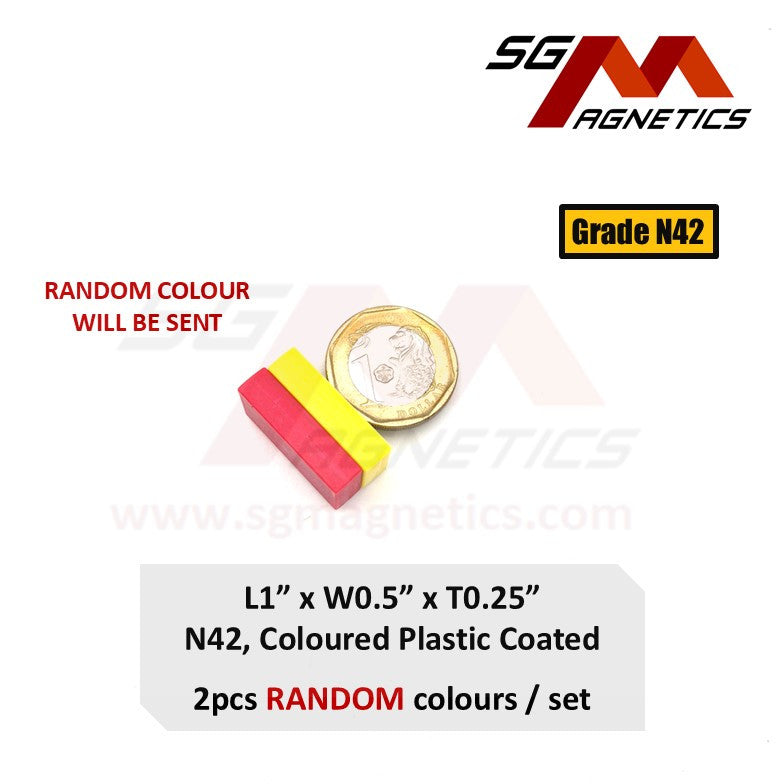 1 x 1/2 x 1/4" N42 - Coloured Plastic Coated Waterproof Magnets - 2pc