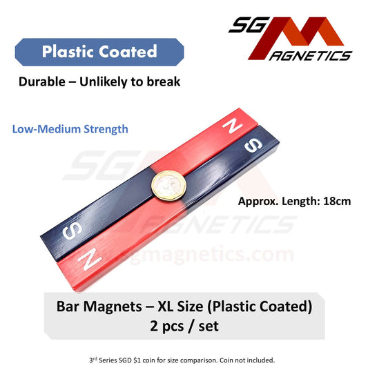 Bar Magnets - XL Size - 18cm - Plastic Coated Block Magnets - 2pcs
