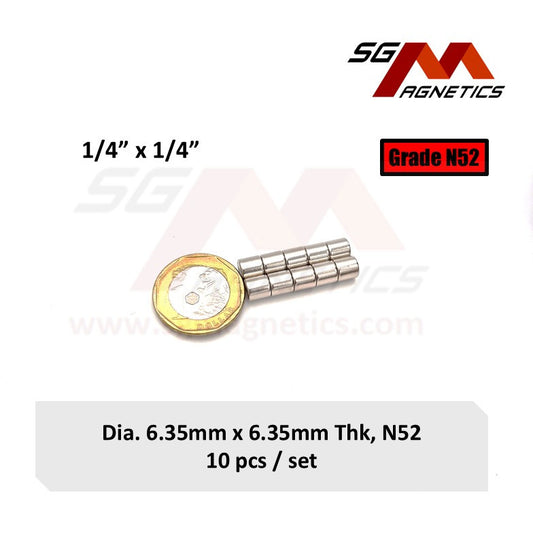 1/4" x 1/4", 6.35x6.35mm N52 - Neodymium Disc Magnets - 10pcs