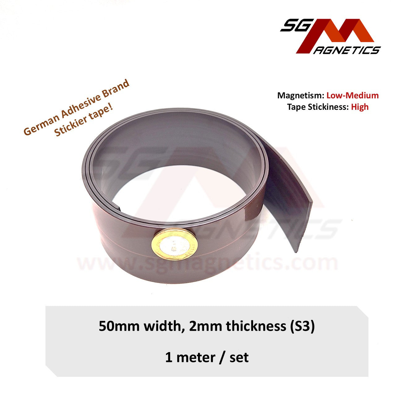 50mm Magnetic Tape - 2mm Thk Ver. S3 - Flexible Magnet Roll with 3M Adhesive