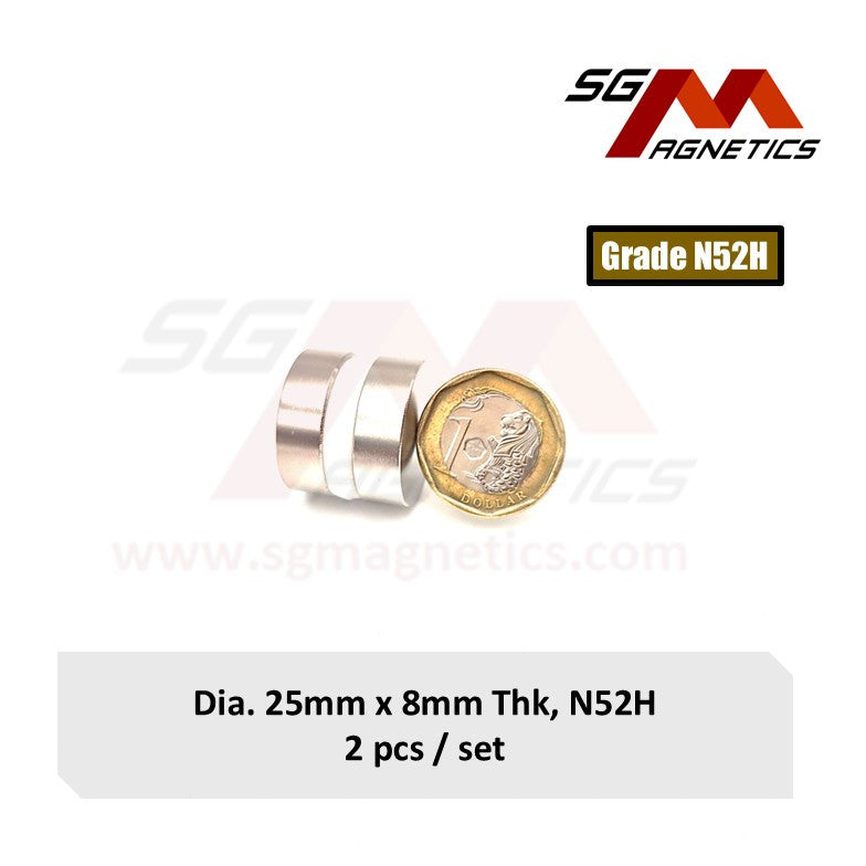 25x8mm N52H - Neodymium Disc Magnets - 2pcs