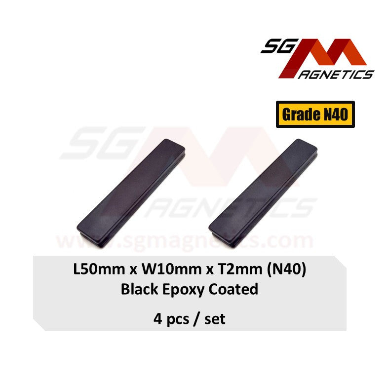 50x10x2mm N40 - Black Epoxy Neodymium Block Magnets - 4pcs