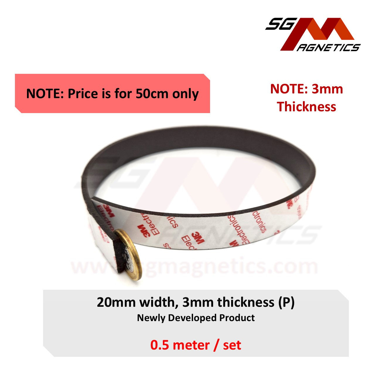 20mm T3mm Neo Flexible Magnetic Strip Roll, Ver. P with 3M adhesive tape