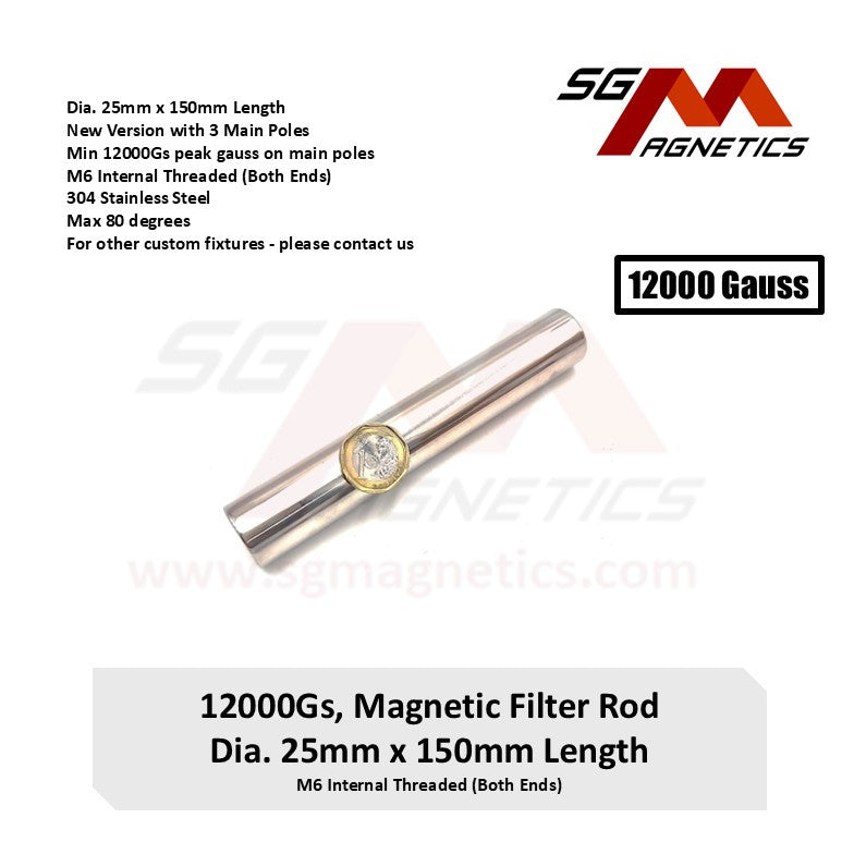 150mm Magnetic Filter Rod 12000GS Gauss 25mm 1" x 6" Stainless Steel Magnet Rod