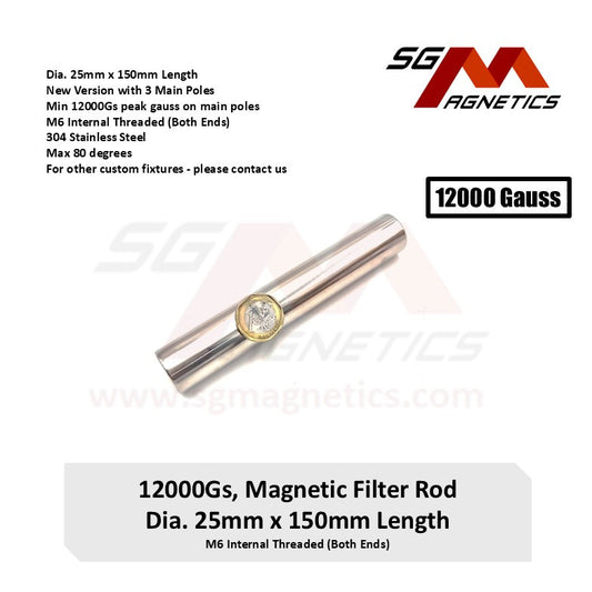 150mm Magnetic Filter Rod 12000GS Gauss 25mm 1" x 6" Stainless Steel Magnet Rod