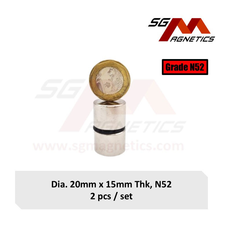 20x15mm N52 - Neodymium Disc Magnets - 2pcs