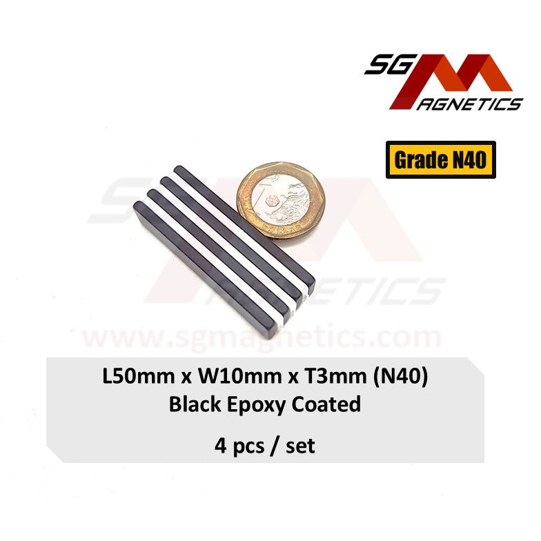 50x10x3mm N40 - Black Epoxy Neodymium Block Magnets - 4pcs