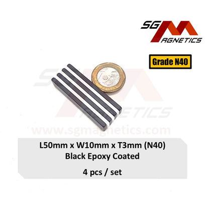 50x10x3mm N40 - Black Epoxy Neodymium Block Magnets - 4pcs